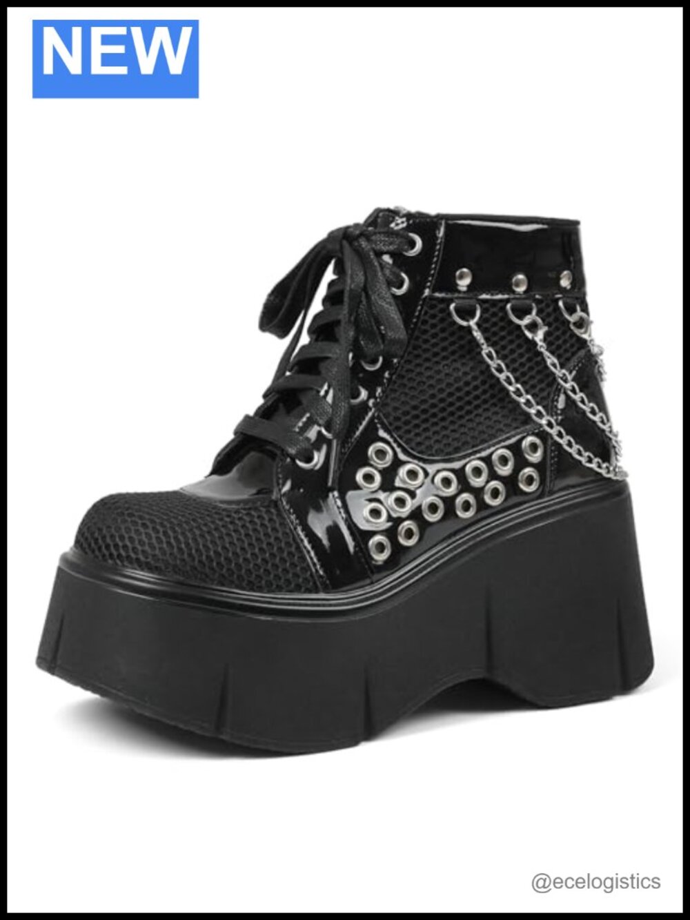 Black Platform Boots Wedge Goth Lace Up Chain Mesh Punk Combat Ankle Booties
